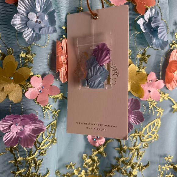 Mestiza Flora Blue 3D Floral Appliqué Flare Sleeve Cocktail Mini Dress Size M - Picture 16 of 16